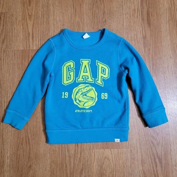 Gap Kids Dinosaur Sweatshirt Raptor T Rex Blue Fleece Yellow Decor Size 4 - Picture 1 of 6